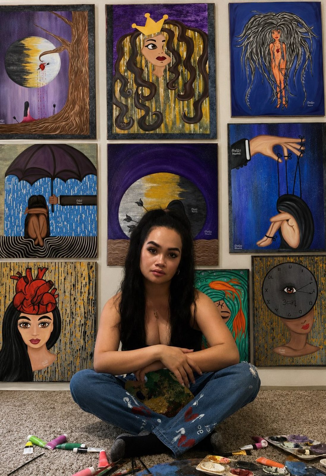 Karena Dolera sitting before her wall of paintings